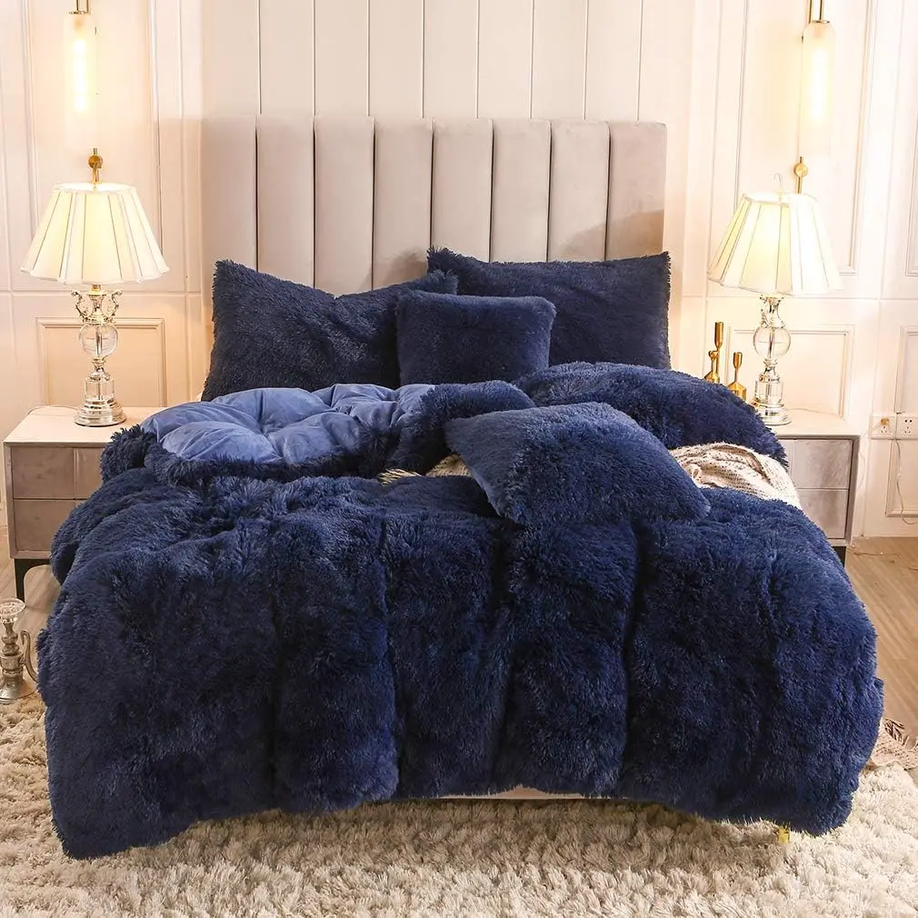 Queen Size 4-Piece Luxury Bedding Set - Faux Fur Velvet Fluffy Duvet Cover, Wrinkle-Resistant Contemporary Quilt Cover, and Pillow Shams, Ultra Warm Navy Bedding Collection, Bedding Cover, Bedroom Quilt Cover