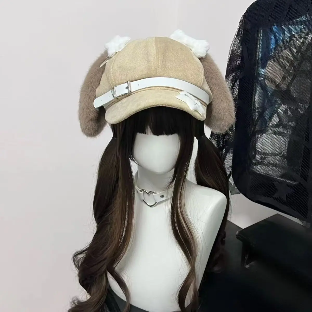 Brown Puppy Ear Beret Cute Faux Fur Ears Lolita Kawaii Hat for Women Bunny Bonnet Adjustable Caps Matching Hats Satin Lined Hat