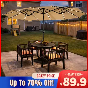 【Solar Led Lights】Yaheetech 13/15ft Large Patio Umbrella, Outdoor Double-Sided Rectangle Umbrella with 36 LED Lights & Crank for Patio Garden Pool Lawn Backyard, Base Included