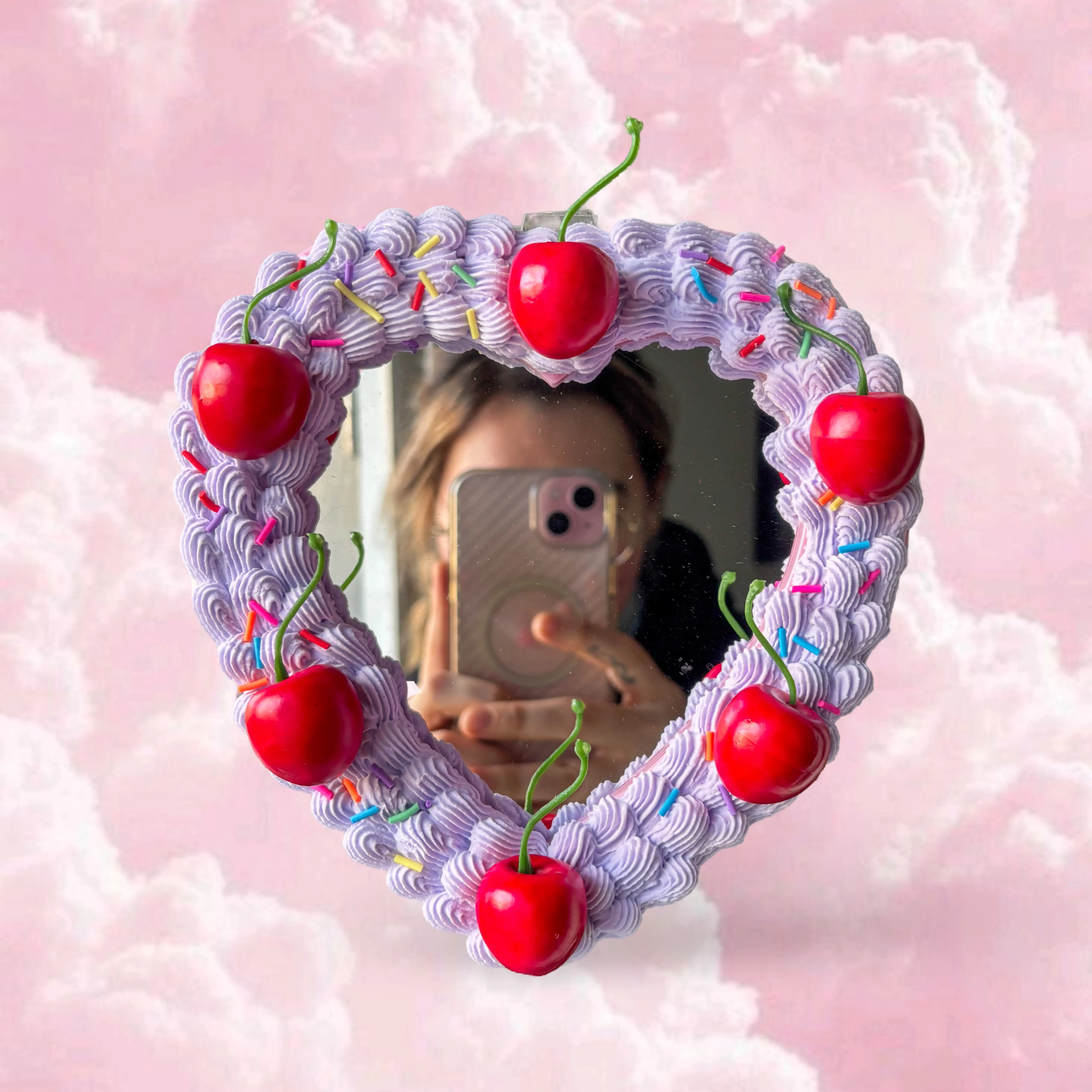 Heart Fake Cake Mirror with Sprinkles and Cherries Room Decor - Kitschy Office Statement Piece
