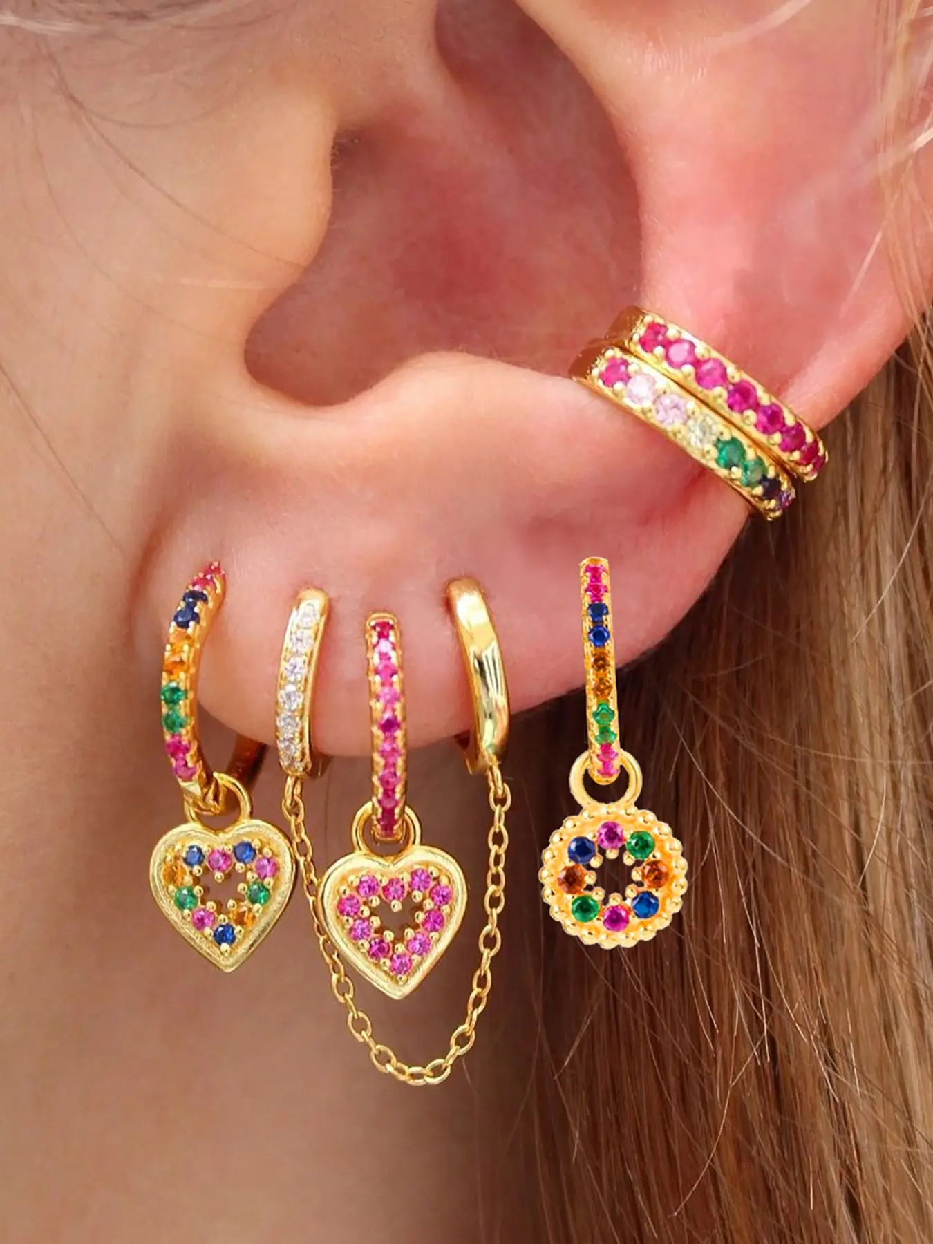 6 Pcs Lovely 24K Gold Plated Cubic Zirconia Multicolor Cuffs Earrings Set For Women Colorful Zircon Chain Hoop Earrings Pack Heart Drop Dangle Earrings Stack Fashion Jewelry Gift Heart Design Earrings Gold Plated CZ Stackable Earrings Earring Stacks