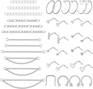 38 count 316L Stainless Steel Nose Ring for Women Men Heart Nose Stud Chain Double Nose Chain Piercing Across Nose CZ Nose Piercing Stud Nostril