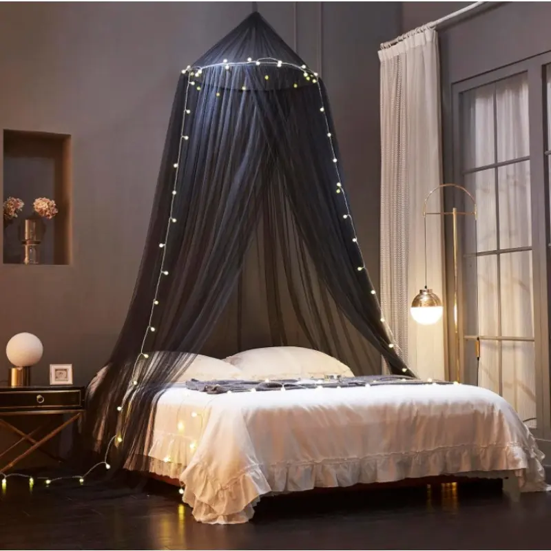 Eco-Friendly Black Dome Mosquito Net for Bed - Bedroom Dust Cover with Light Strips, Night Fluorescent Bed Curtain, Foldable, No Installation Required