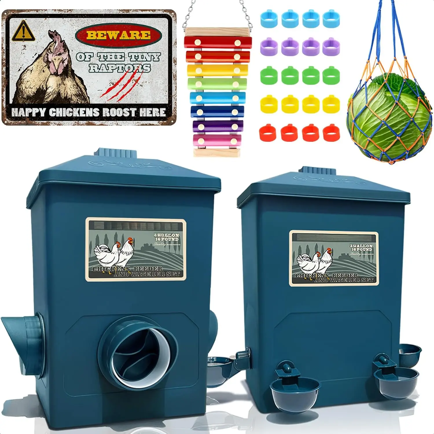 Automatic Port  Feeder and Cup Waterer Set -  Coop Accessories, No Waste Poultry Feeder, 3 Gallon/16 Pounds chicken