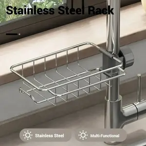 Kitchen Sink Caddy Organizer Over Faucet Sponge Holder, Stainless Steel Heavy Duty Thickening Hanging Faucet Drain Rack for Scrubbers, Soap, Bathroom, Detachable No Suction Cup or Magnet filter