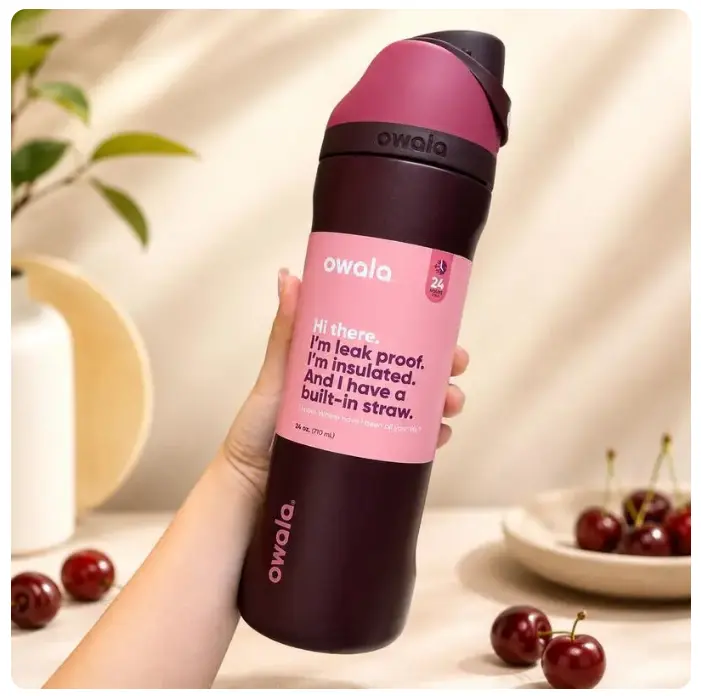 Owala FreeSip Water Bottle 32oz Black Cherry Red Leakproof Stainless Steel Insulated Tumbler