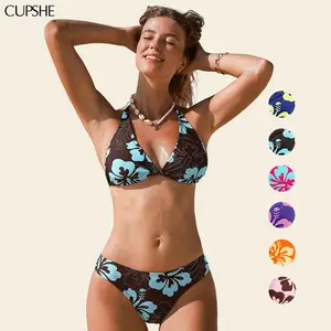 CUPSHE Lime Blossom V-Neck Halter Bikini Sets Swimsuit - Soft Cup Support & Low-Rise Cheeky Bottom | Retro Floral Cottage-Core Swimwear Bathing suit #tiktokshopmemorialday