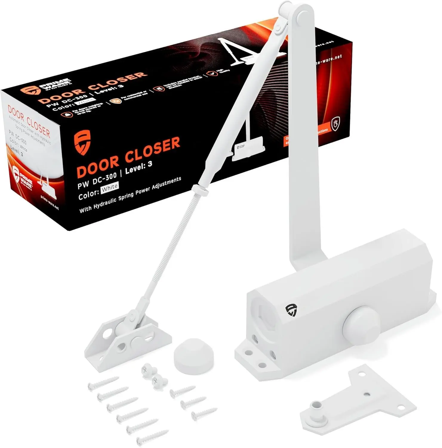 DC-300 Automatic Adjustable Door Closers for  | Soft Close, No Slam | Residential and Commercial Door Closer | Level 3 | for Doors Weighing 90-140 lbs | Hydraulic Door Spring - White