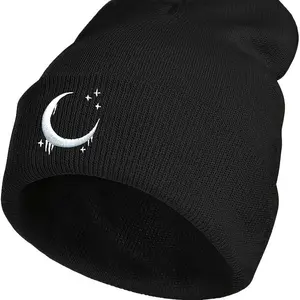 Gothic Knitted Cap Beanie - Warm Black Skull Embroidery Hat with Crescent and Stars, Ideal for Winter Casual Wear, Great Gift Option, Gothic Hats