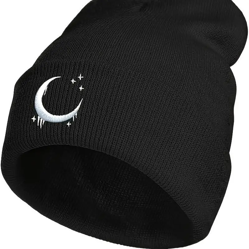 Gothic Embroidered Knitted Cap - Black Skull Stars & Crescent Design, Warm Cotton, Pull-On Snug, Winter Casual Beanie, Great Gift Option, Skull Art Aesthetic, Hand Wash Only