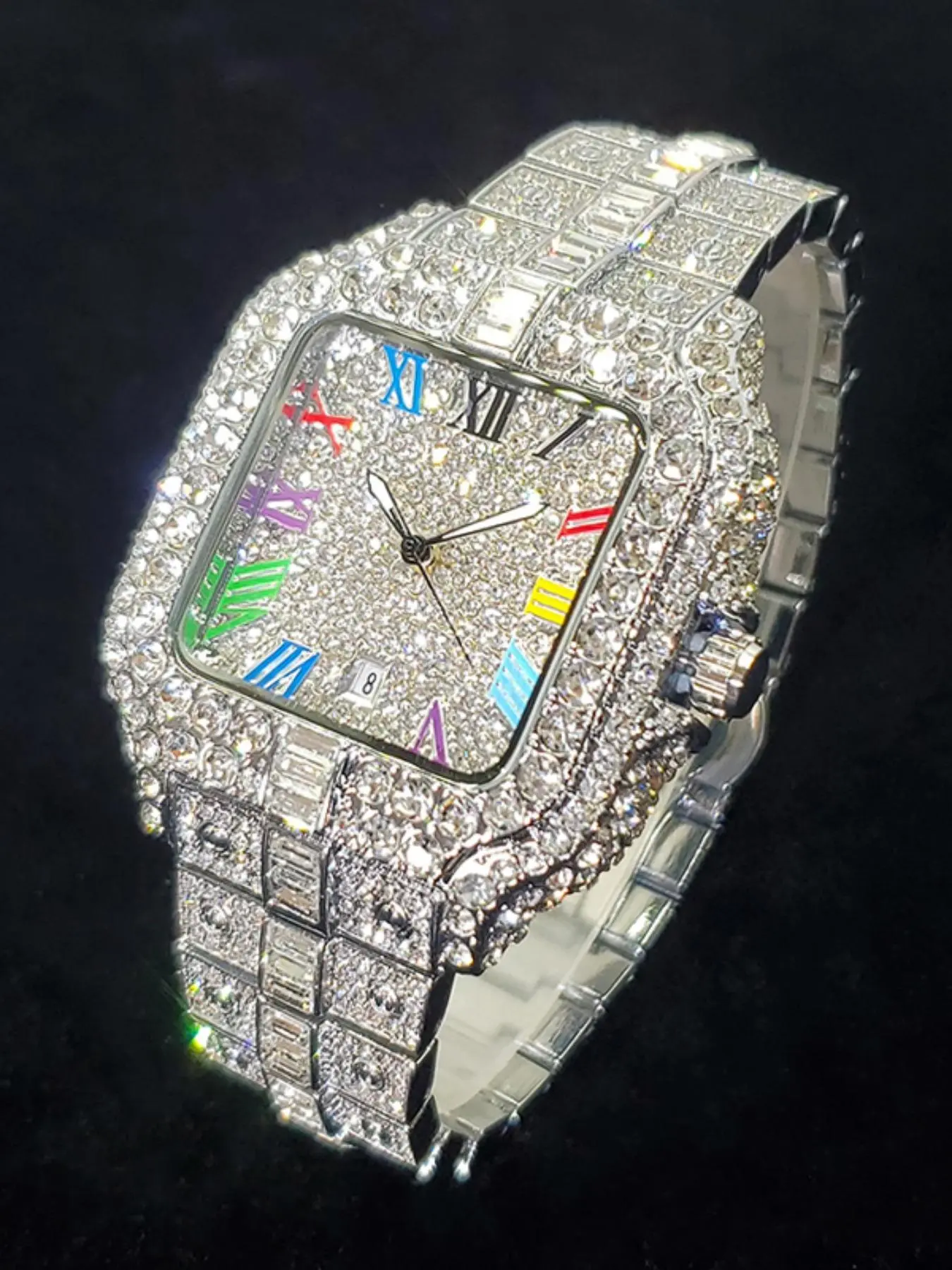 Men's Rhinestone Decorated Square Quartz Watch, Rhinestone Embellished Watch, for Men As Gift with Box, Square Dial, Stainless Steel Wristwatch