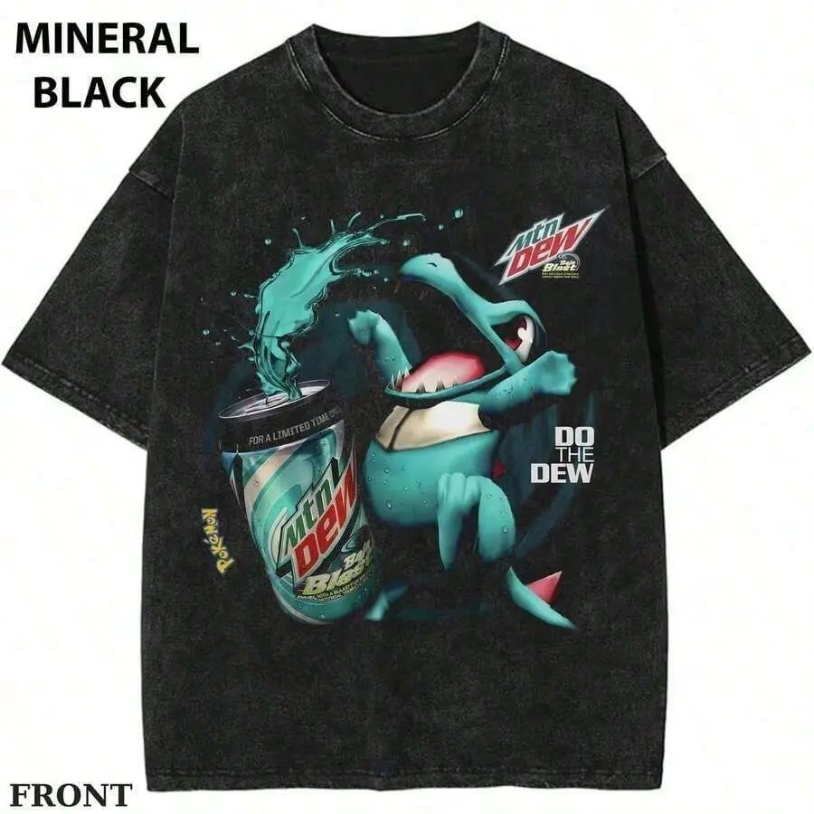 Anime Totodile - Soda Monster Shirt, Pokebon Y2K Energy Drink Graphic Tee, PKM T-Shirt, Vintage Mineral Wash T-Shirt