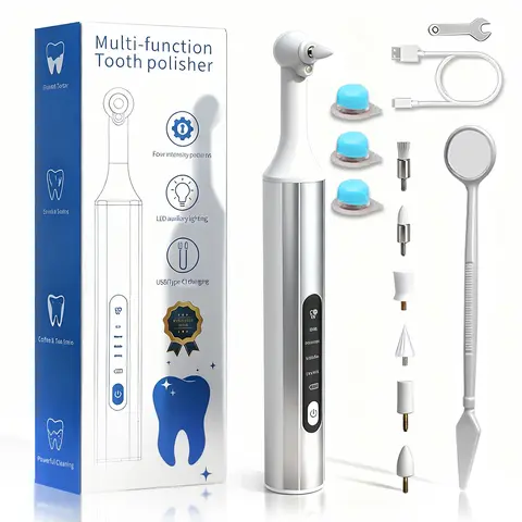 Rechargeable Electric Tooth Polisher with Light, 4 Modes, 6 Brush Heads, 3 Polishing Pastes - Cordless Teeth Cleaning Tool, Personal Care Gadgets, Cells-Powered, Plaque Removal Portable Oral Care Device