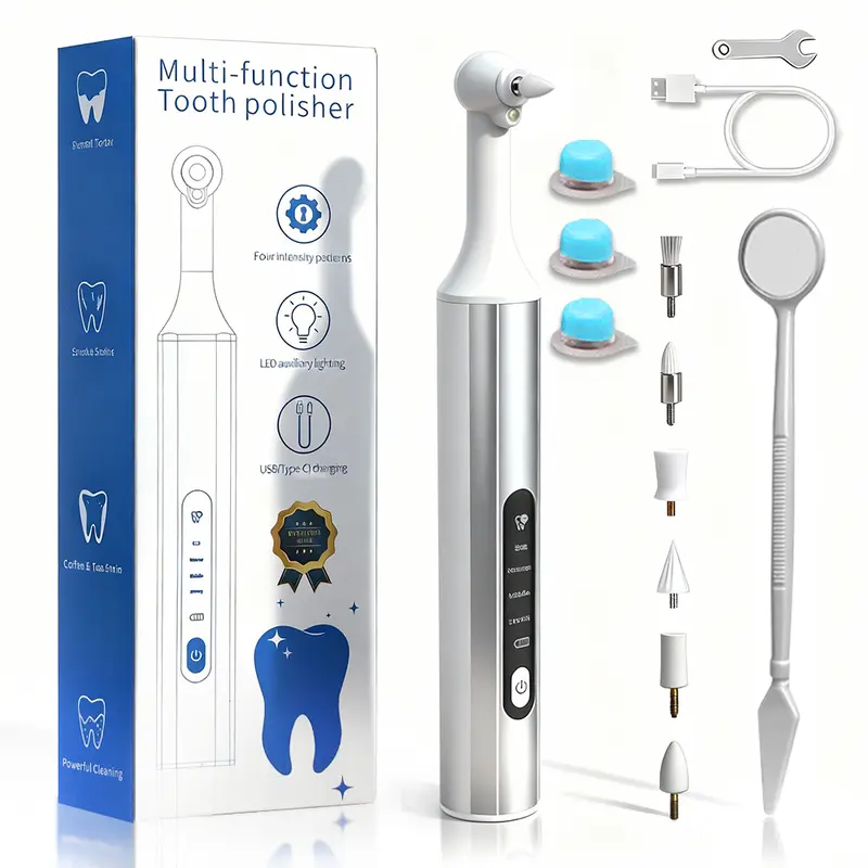 Rechargeable Electric Tooth Polisher with Light, 4 Modes, 6 Brush Heads, 3 Polishing Pastes - Cordless Teeth Cleaning Tool, Personal Care Gadgets, Cells-Powered, Plaque Removal Portable Oral Care Device
