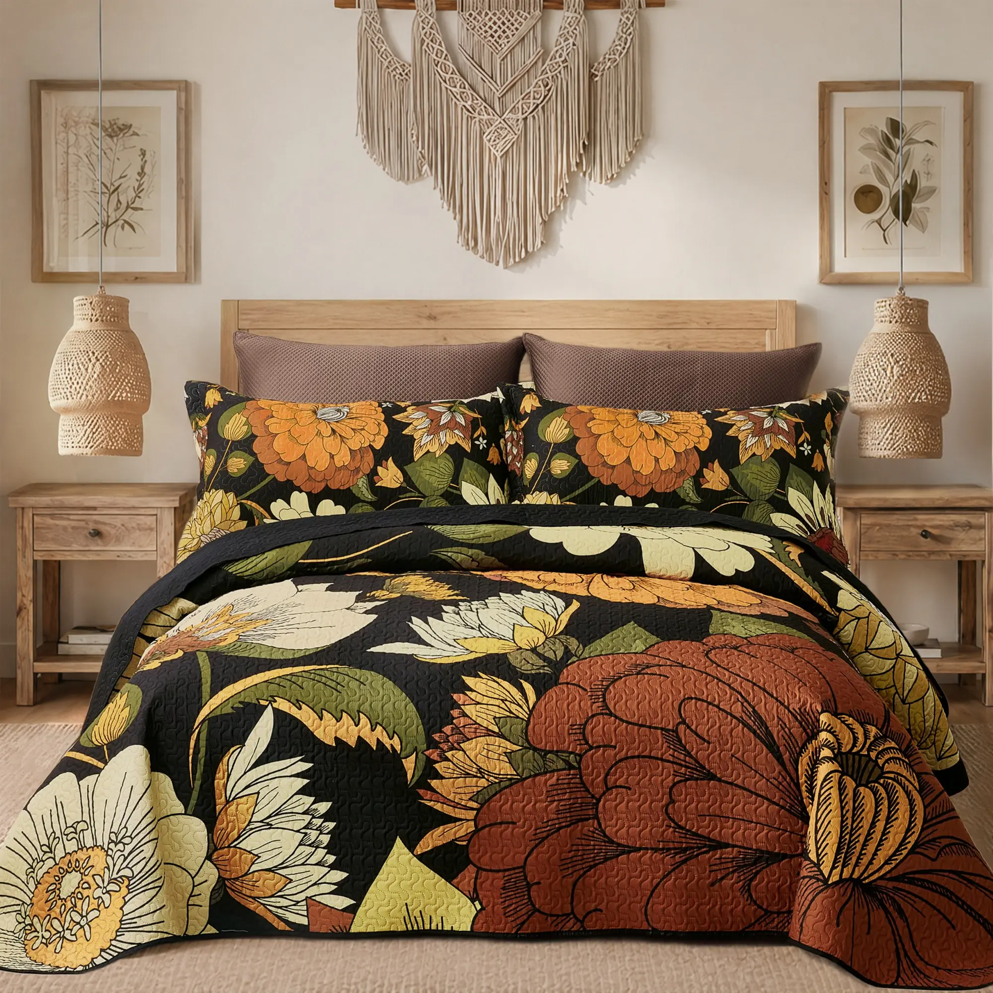 Tyrot Queen Size 3-Piece Boho Floral Quilt Set - Decorative Microfiber Bedding with 2 Shams, Farmhouse Botanical Reversible Lightweight Coverlet, Mid Century Leaves, Anti-Fading Black Home House Decor Comforter for All Seasons (Queen Size Bedding Set)