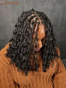 12 Inch Knotless Bob Boho Braided Wigs with Curly Ends, Synthetic Full Lace Box Braiding, Short Boho Bob Braids for Women, Synthetic Curly Hair