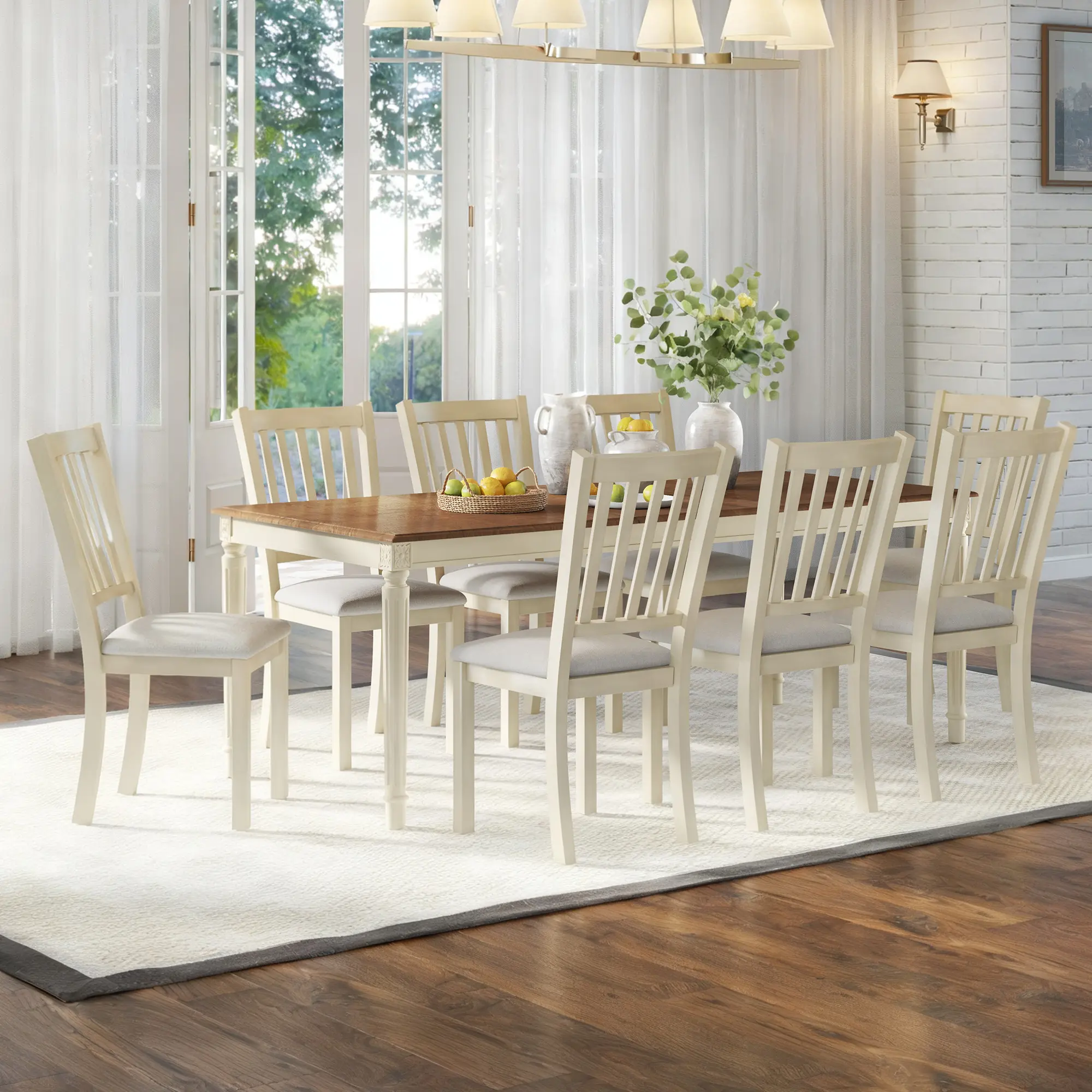 AMERLIFE Farmhouse Dining Furniture Set, 79" Dining Table, Linen-Look Kitchen Chairs with Curved Backrests, Padded Seats and Solid Wood Legs for Kitchen and Dining Room, Dark Brown
