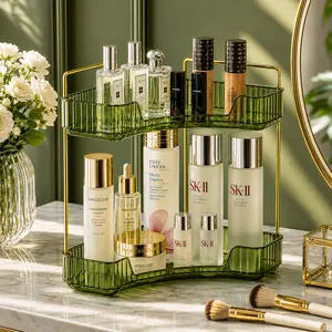 Makeup Organizer for Vanity, 2-Tier Corner Bathroom Organizer Countertop with Makeup Brush Holder, Corner Counter Storage for Bathroom Dresser- Green