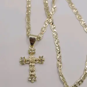 Cross With Rose's  Gold color  beautiful necklace gold-plated regular chain style 18"inches smallest Religious Jewelry