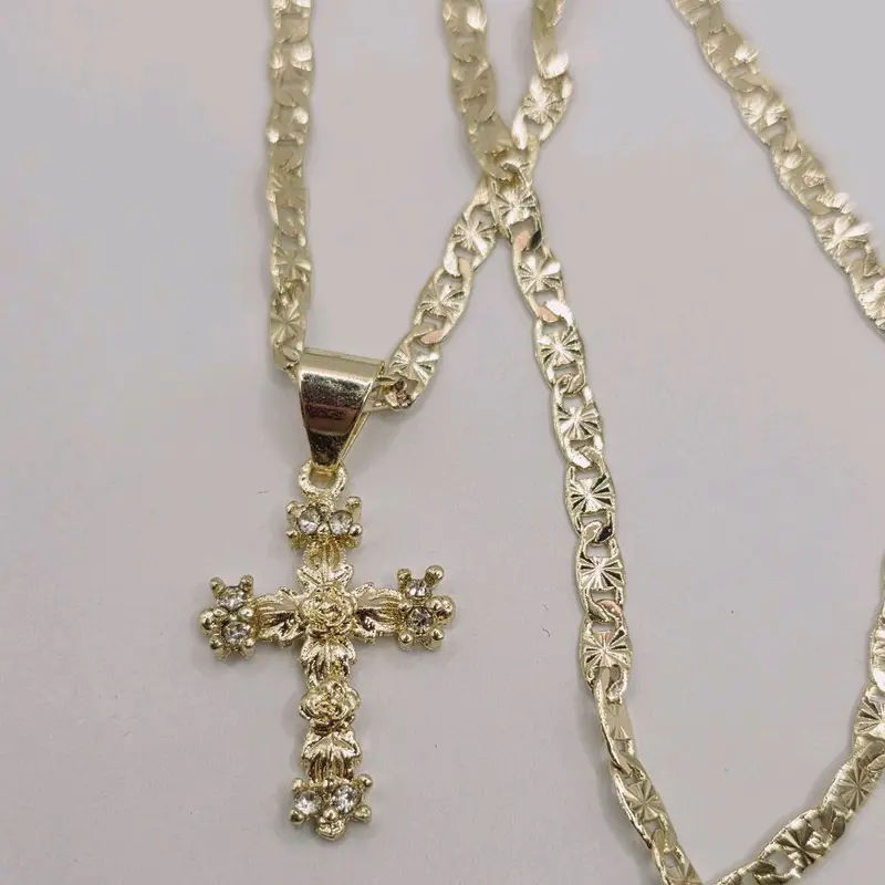 Cross With Rose's  Gold color  beautiful necklace gold-plated regular chain style 18"inches smallest Religious Jewelry