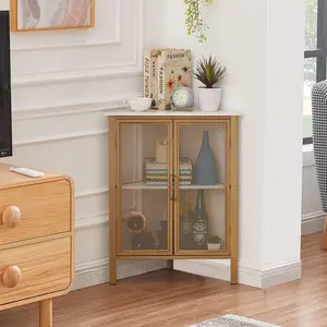 Corner Cabinet/Table, 3-Tier Display Shelves with Protection Door, Metal Frame Storage Shelf Organizer for Small Space, Living Room, Kitchen, Bathroom