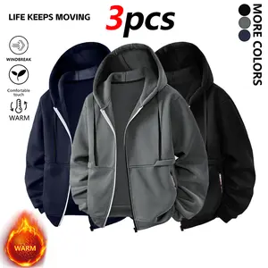 Men's regular version solid color zip-up hoodie, spring and autumn casual long-sleeved hooded sweater, zip pocket suede-lined drawstring hooded jacket, medium thickness, men's street fashion, basic minimalist top, suitable for outdoor casual sports wear