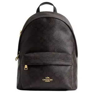 Coach Taylor 27 Logo-Embossed Vegan Leather and Woven Fabric Small Backpack for Women in Gold, Walnut, and Black