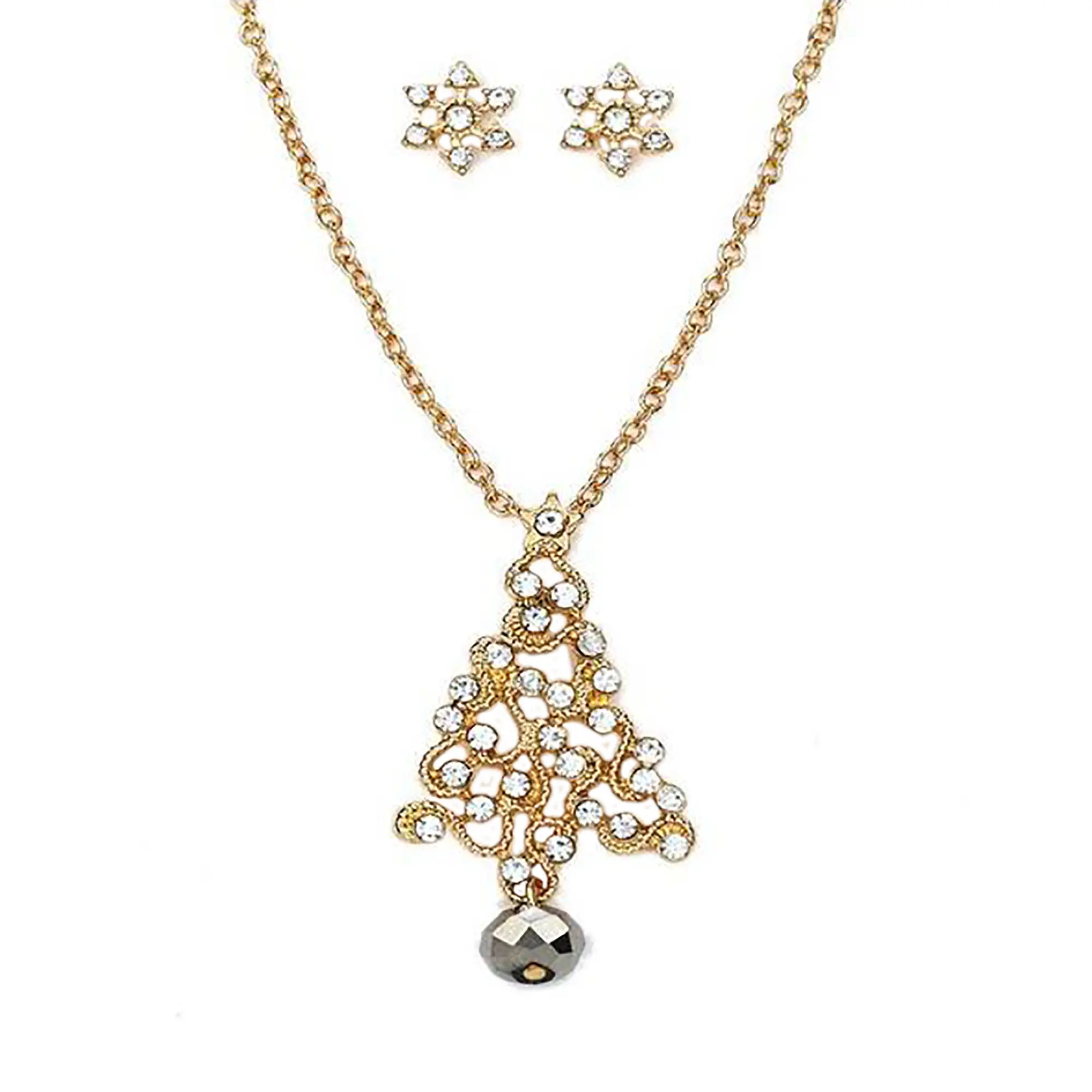 Christmas Tree Necklace & Earring Set - Gold Filigree Christmas Tree Necklace Set