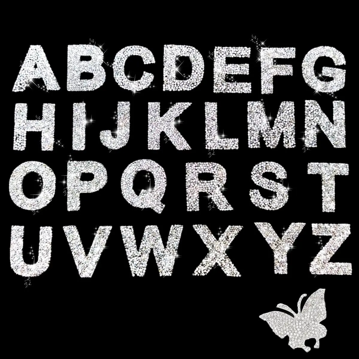 26 Pcs Iron on Letters with butterfly, Glitter Resin Rhinestone Letters, Crystal Iron on Letters for Clothing, Art & DIY Works