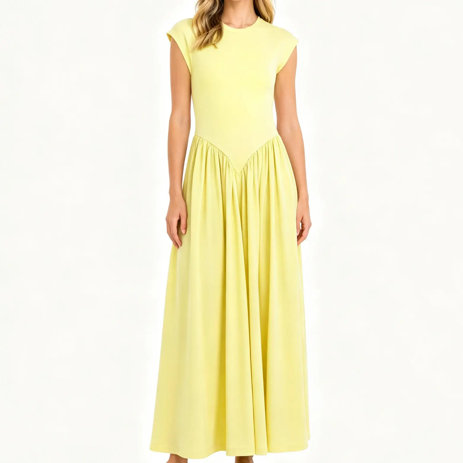 Chouyatou Women's Spliced Cap-Sleeve Crew Neck A-Line Maxi Dress - Pull-On, Elegance, Casual Wear, Flowy, Basic Everyday Long Dress with Optional Sleeveless Design