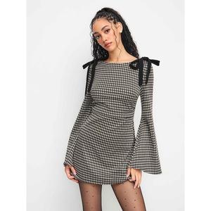 Cider Cotton-blend Boat Neck Gingham Bowknot Ruched Mini Dress Dealsforyou