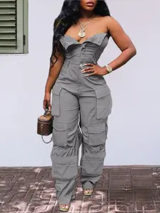 [US Shipping] Women's Shiny Solid Color Sleeveless Overalls - Practical Work Jumpsuit, Utility Style Jumpsuit with Functional Pockets, Detachable Apron | Women's Clothes, Clothes, Work Jumpsuit For Women