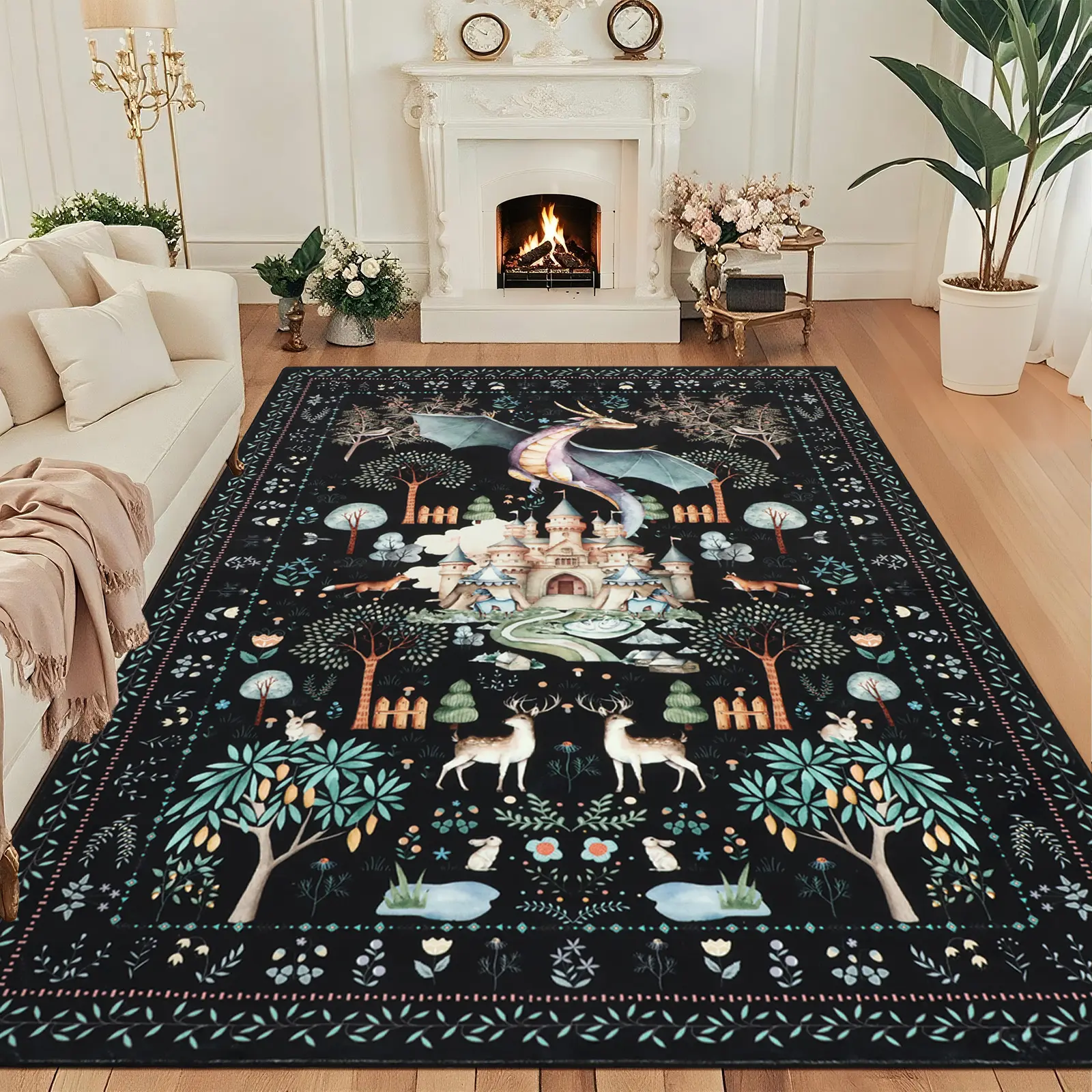 Geanup Dragon Floral Area Rug - Machine Washable, Wrinkle Resistant Low-Pile Animal Accent with Non-Slip Rubber Backing, Whimsical Home Decor for Living Room, Rugs for Bedroom