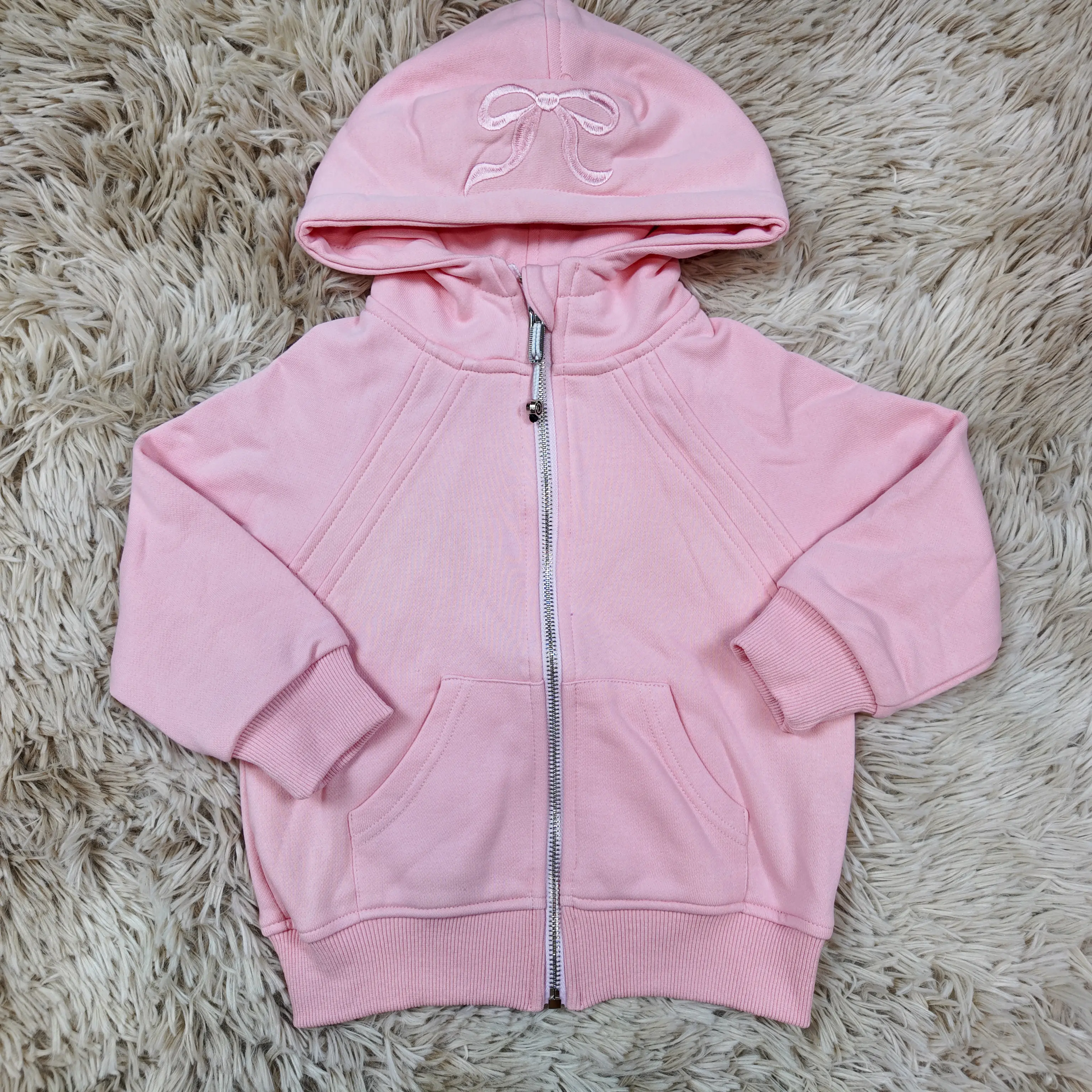 Girls' Long-Sleeve Pink Bow Embroidery Zipper Hooded Jacket - Child Size Coats, Wearable Hooded Outerwear for Fall Winter, Child Size Girls' Jackets
