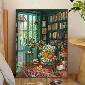 5D Full Drill Diamond Painting Kit - Cozy Reading Nook with Bookshelves, Plants & Floral Armchair, Round Acrylic Diamonds, Cottagecore Themed DIY Art for Home Wall Decor, Ideal Gift for Book Lovers & Craft Enthusiasts