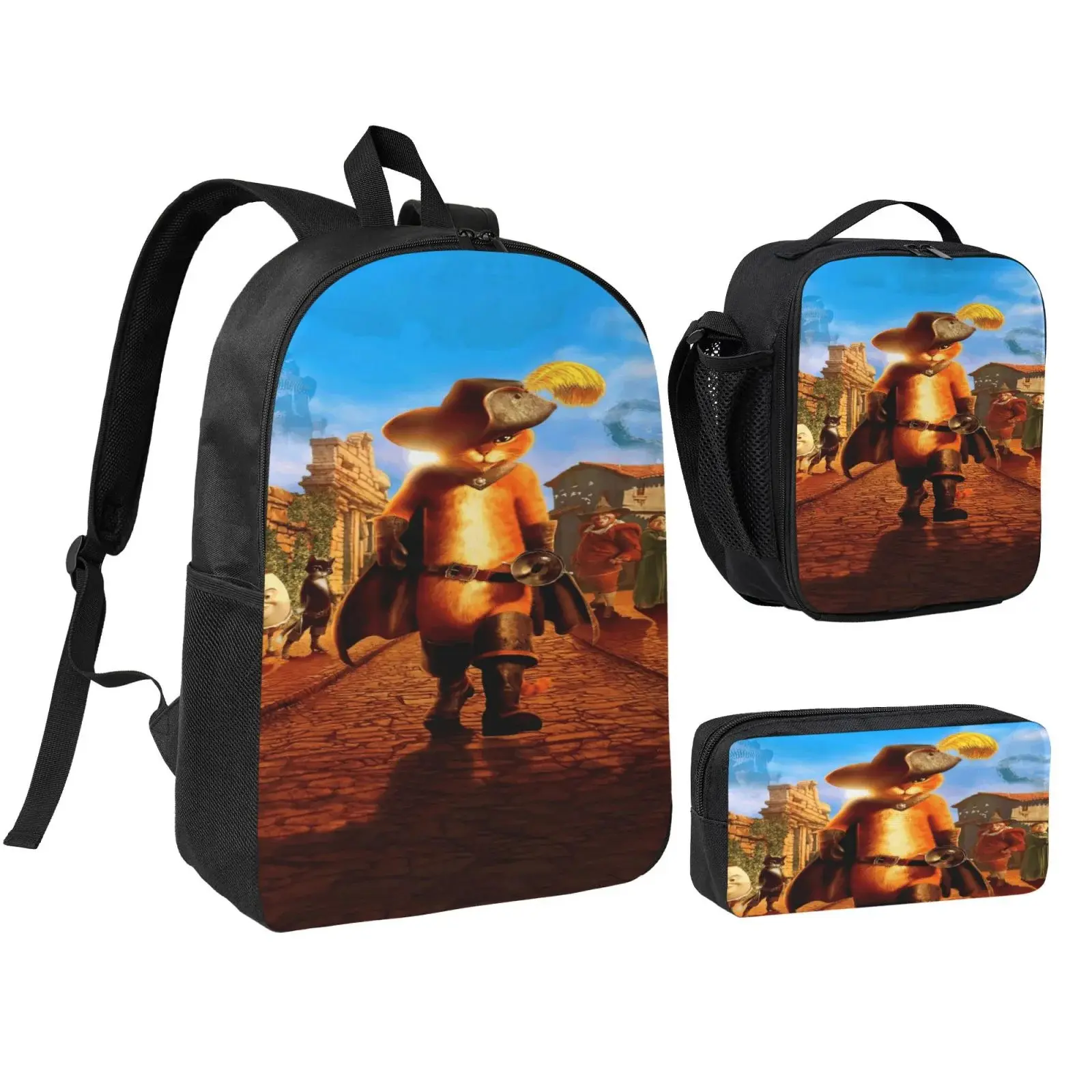Puss in Boots 3PCS Backpack Set, Durable 600D Oxford Cloth School Bag with Lunch Box & Pencil Case Combo, Adjustable Breathable Strap, Fits 15in Laptop for Kids Teens School Travel Outdoor