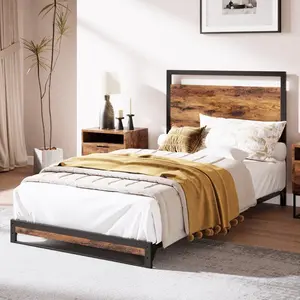 Twin Bed Frame with Wood Headboard and Footboard,with Under Bed Storage,6 Inch High,No Box Spring Needed,Easy Assembly,Rustic Brown