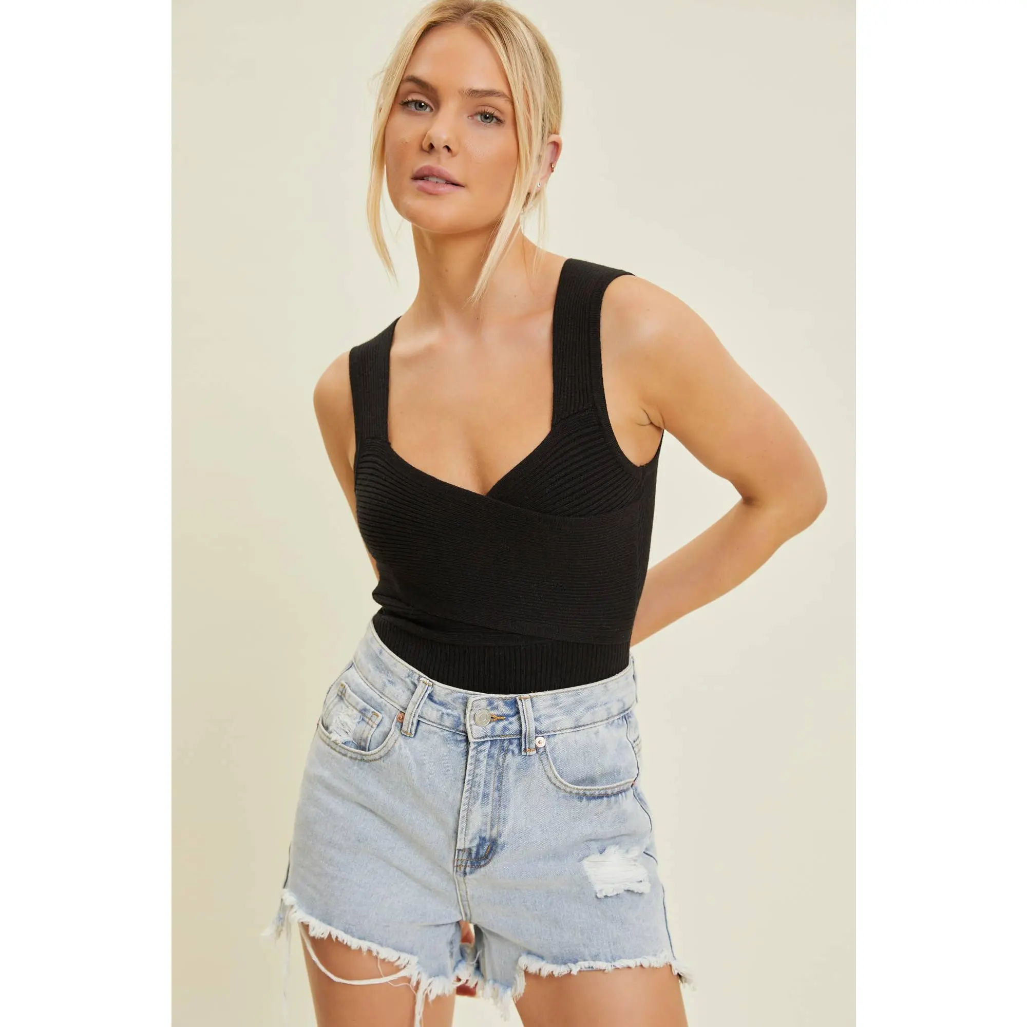 Wrap Sweater Bodysuit - Black Knit Nylon Women's Chic Bottoms Cozy Wrap Design V-Neck Snap Closure