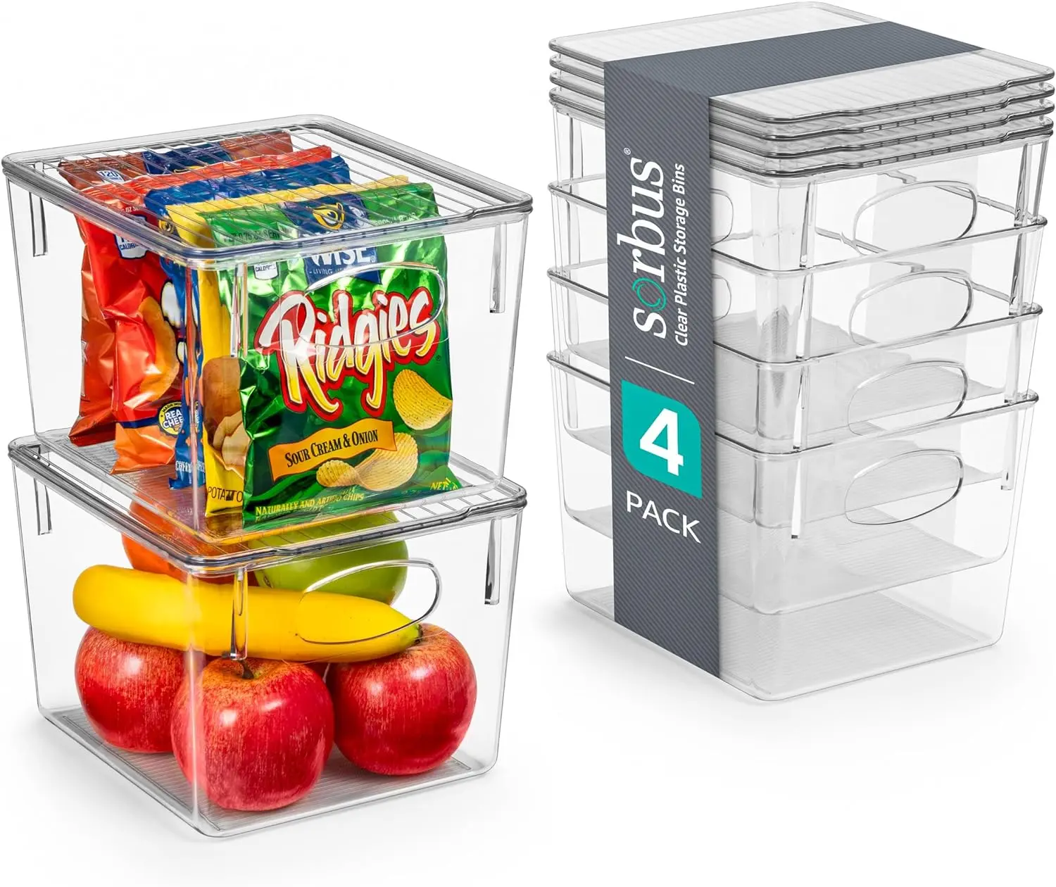 Sorbus Medium Plastic Storage Bins with Lids for Kitchen Organization - Clear Storage Bins (4 Pack) Boxes Organiser Set Cabinet Containers Laundry Household