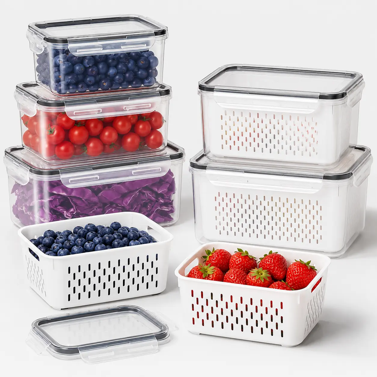 【DealsForYouDays】5-Pack Stackable Fridge Organizer Bins with Lids & Removable Colanders, BPA-Free Produce Storage Containers for Fruits, Berries, Vegetables, Salad, Lettuce & Meat