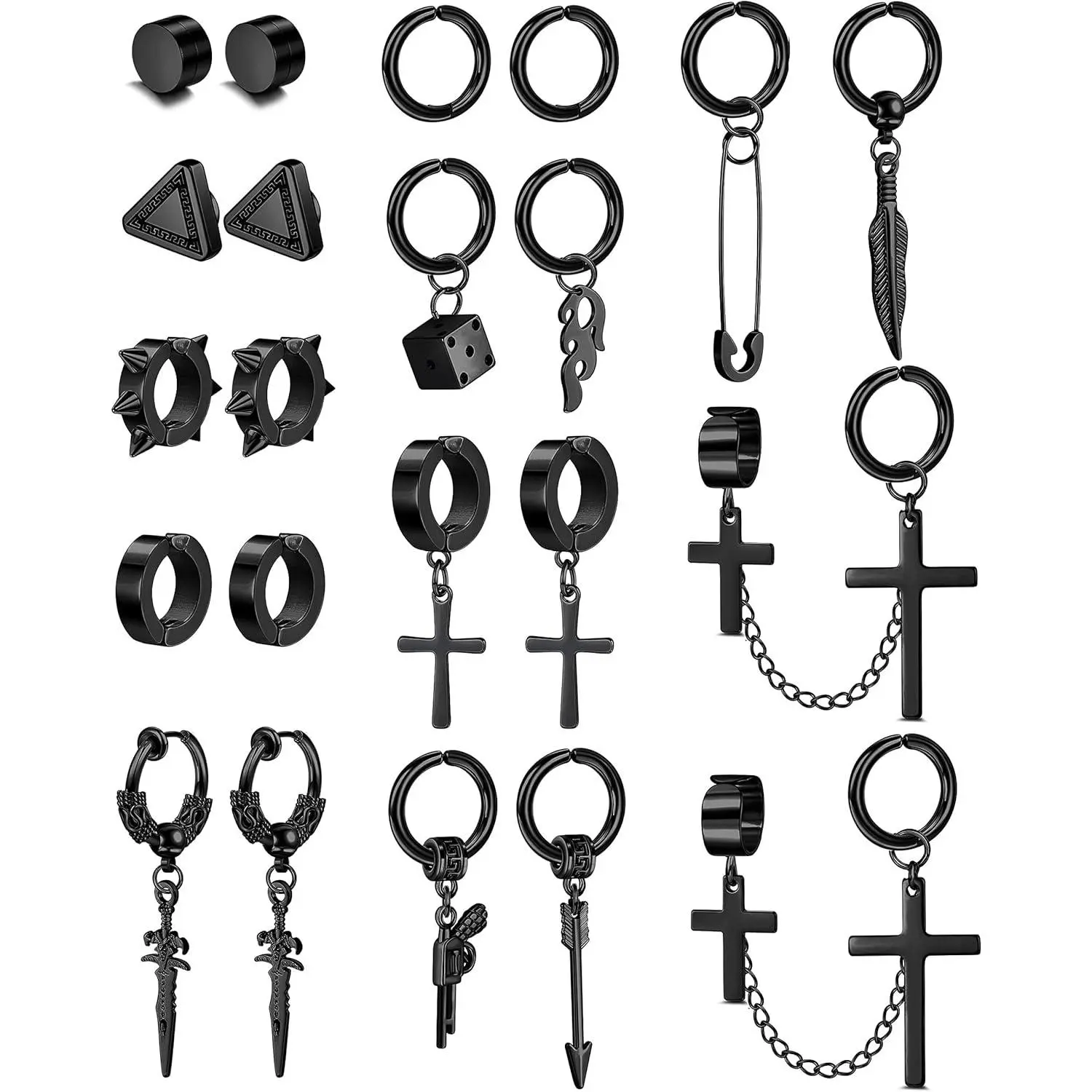 YADOCA 22Pcs Stainless Steel Fake Earrings for Men Women Cross Chain Pendant Earring Non-Piercing Huggie Hoop Earrings Set Clip On Earrings for Men Black Fake Earrings