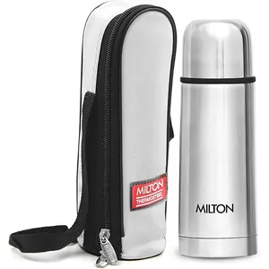 Thermosteel Plain Lid Flask 350, Double Walled Vacuum Insulated Thermos 350 ml 12 oz 24 Hours Hot and Cold Water Bottle with Cover, 18/8 Stainless Steel, BPA Free, Leak-Proof Silver