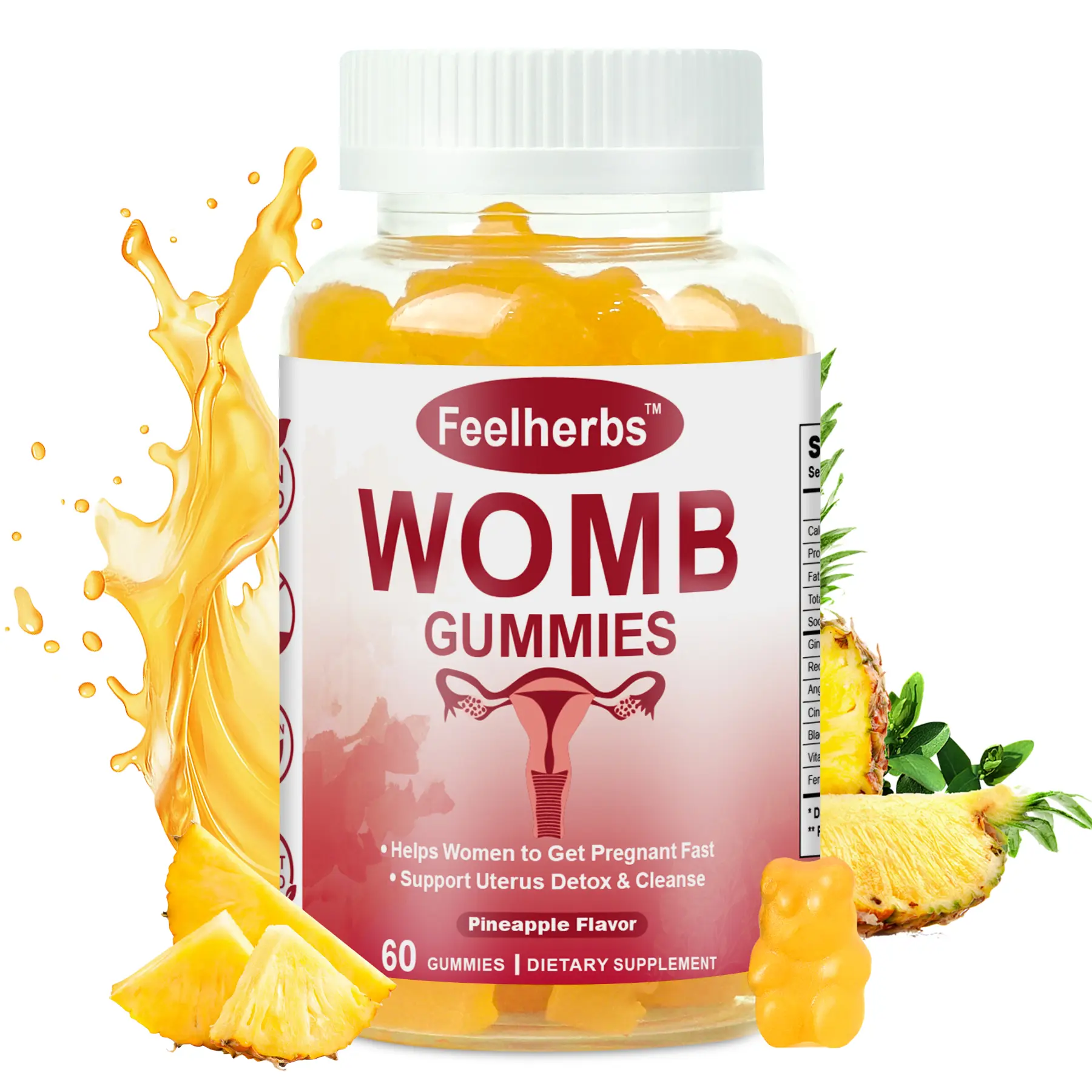 Women's Natural Chewable Wellness Supplement Womb Gummies, Ovary & Uterus Cleanse Detox, Pineapple Feminine Balance Fertility Support, Vegan, Gluten-Free, 60 Count