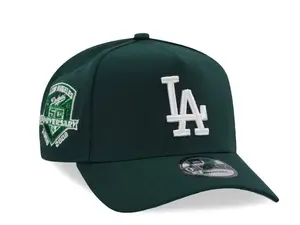 Los Angeles Dodgers New Era 9FORTY Snapback Baseball Cap – Dark Green Flat Brim Hat with White LA Logo & Anniversary Side Patch, MLB Streetwear Headwear
