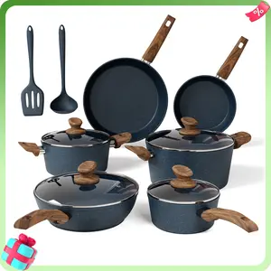 [2026 New] Kitchen Academy Induction Cookware Sets - 12 Pieces Cooking Set, Granite Nonstick Pots and Pans Silicone Cast Iron Skillet Beige Cooking Set