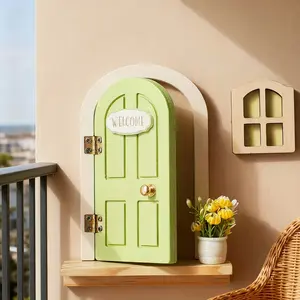 Wooden Cartoon Elf Door, Green Balcony Home Decor with Luminous Window, Cartoon Flower Pot Ornament, Perfect for Photo Props, Kids Birthday, Christmas, Halloween & Children's Day Gifts