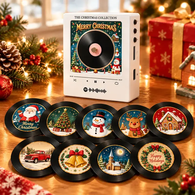 Christmas Vinyl Fridge Magnet Music Player | 9 NFC Mini Vinyl Records, Mini Record Player, Holiday Decor Gift