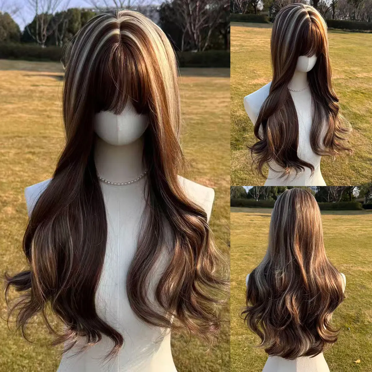 SMILCO 26" Brown and Gold Highlights Long Wave Synthetic Wig SM586 Heat-Resistant Fiber for Daily & Party Wear #Summervibes