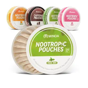MINOA Nootropic Energy Pouches with Caffeine No Nicotine, 4-Variety Pack Lip Pouches, 20 Pouches Per Can Sugar-Free Energy Pillows, Coffee Pouches with 50mg Caffeine, Alpha GPC, L-Tyrosine & L-Theanine