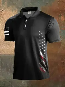 Men's American Flag Polo Shirt, Casual Short Sleeve Graphic Tee, Slim-Fitting Long Clothing, Perfect for Daily Wear